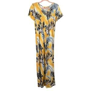 Vintage Hilo‎ Hattie Dress Womens XS Yellow Blue Maxi Hawaiian Palm Tree Tropic
